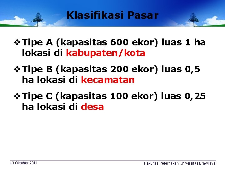 Klasifikasi Pasar v Tipe A (kapasitas 600 ekor) luas 1 ha lokasi di kabupaten/kota