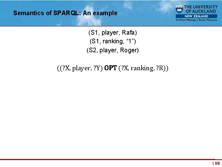 Semantics of SPARQL: An example (S 1, player, Rafa) (S 1, ranking, “ 1”)