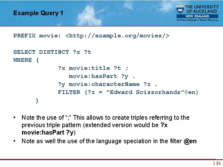 Example Query 1 PREFIX movie: <http: //example. org/movies/> SELECT DISTINCT ? x ? t