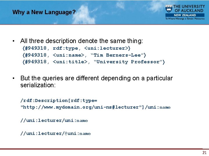 Why a New Language? • All three description denote the same thing: #949318, rdf: