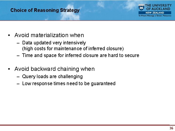 Choice of Reasoning Strategy • Avoid materialization when – Data updated very intensively (high