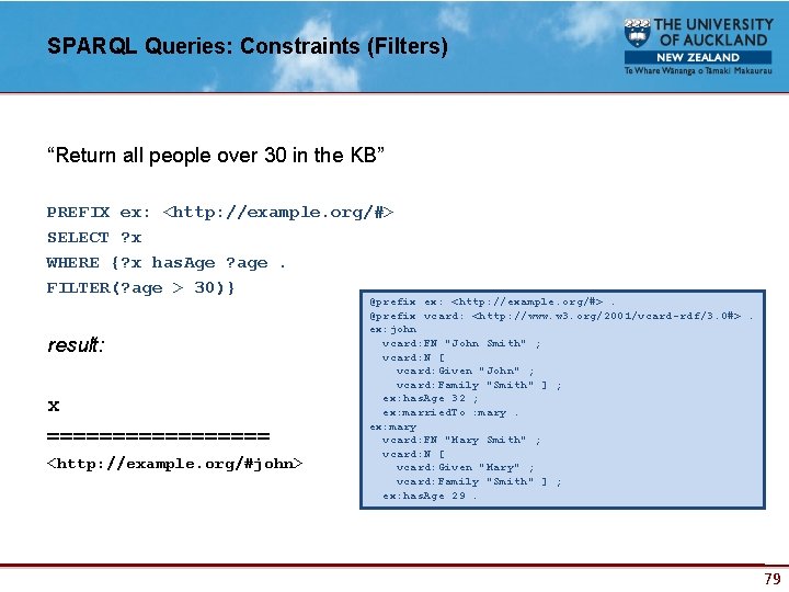 SPARQL Queries: Constraints (Filters) “Return all people over 30 in the KB” PREFIX ex: