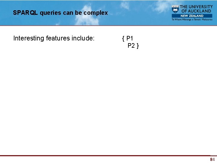 SPARQL queries can be complex Interesting features include: { P 1 P 2 }