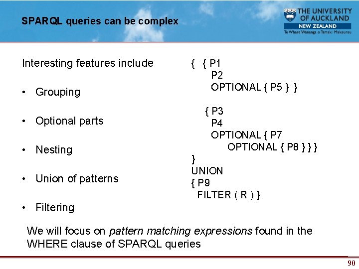 SPARQL queries can be complex Interesting features include • Grouping • Optional parts •