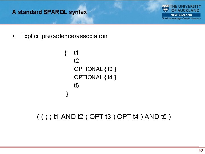 A standard SPARQL syntax • Explicit precedence/association { t 1 t 2 OPTIONAL {