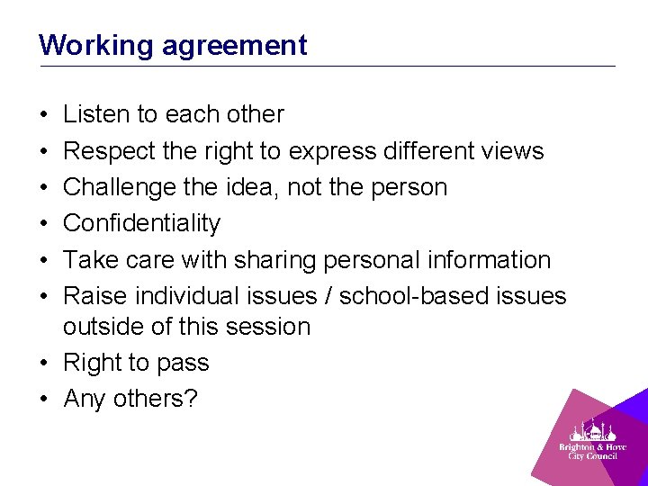 Working agreement • • • Listen to each other Respect the right to express