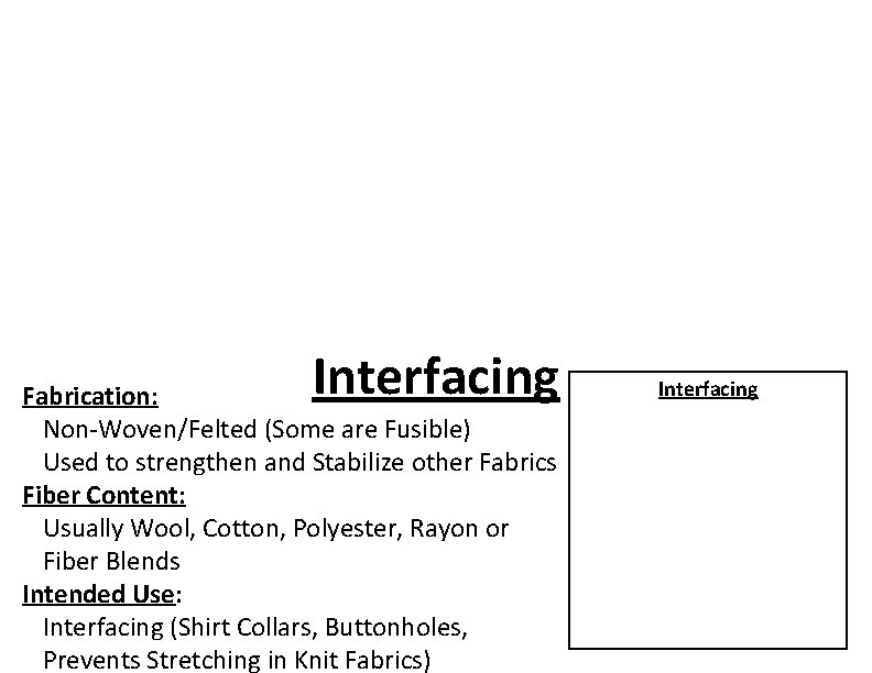 Interfacing Fabrication: Non-Woven/Felted (Some are Fusible) Used to strengthen and Stabilize other Fabrics Fiber