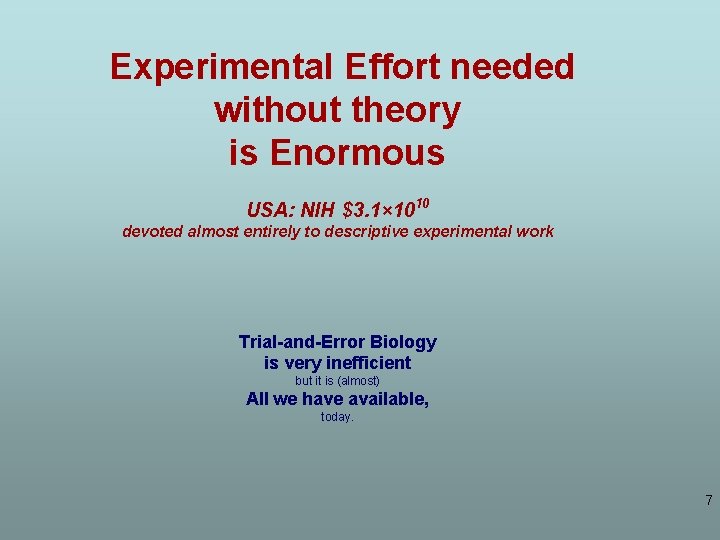 Experimental Effort needed without theory is Enormous USA: NIH $3. 1× 1010 devoted almost