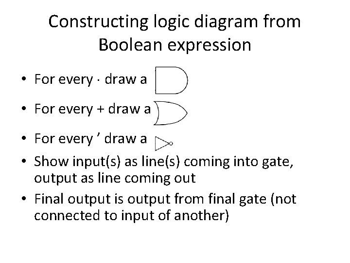 Constructing logic diagram from Boolean expression • For every draw a • For every Constructing logic diagram from Boolean expression • For every draw a • For every