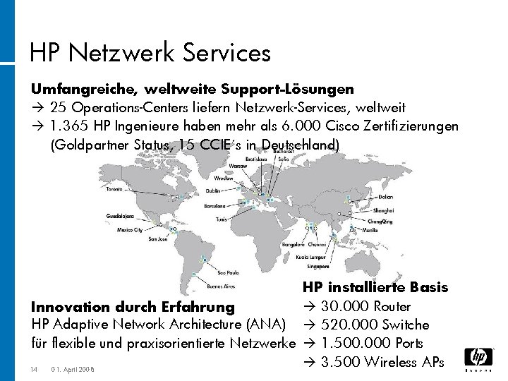 HP Netzwerk Services Umfangreiche, weltweite Support-Lösungen 25 Operations-Centers liefern Netzwerk-Services, weltweit 1. 365 HP