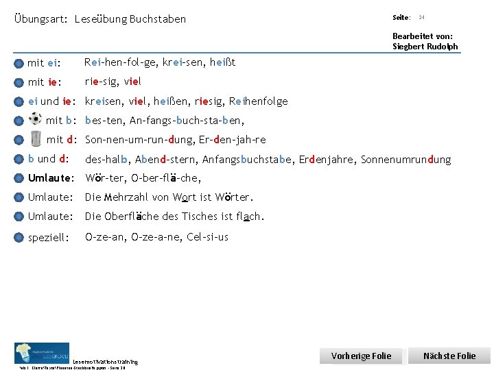 Übungsart: Leseübung Buchstaben Seite: Titel: Quelle: 24 Bearbeitet von: Siegbert Rudolph mit ei: Rei-hen-fol-ge,