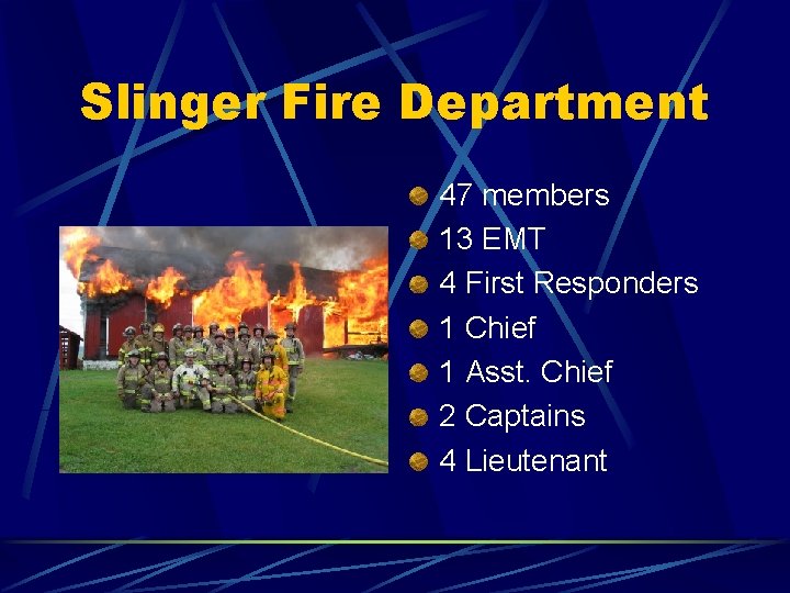 Slinger Fire Department 47 members 13 EMT 4 First Responders 1 Chief 1 Asst.
