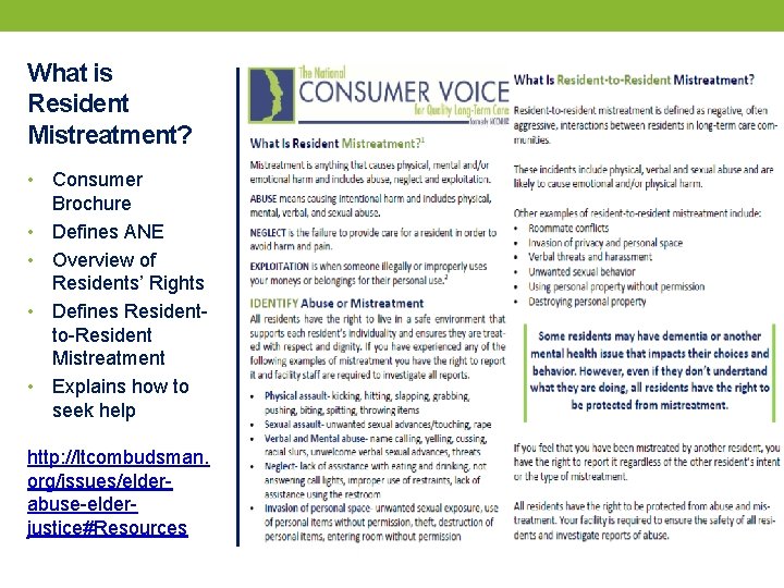 What is Resident Mistreatment? • • • Consumer Brochure Defines ANE Overview of Residents’