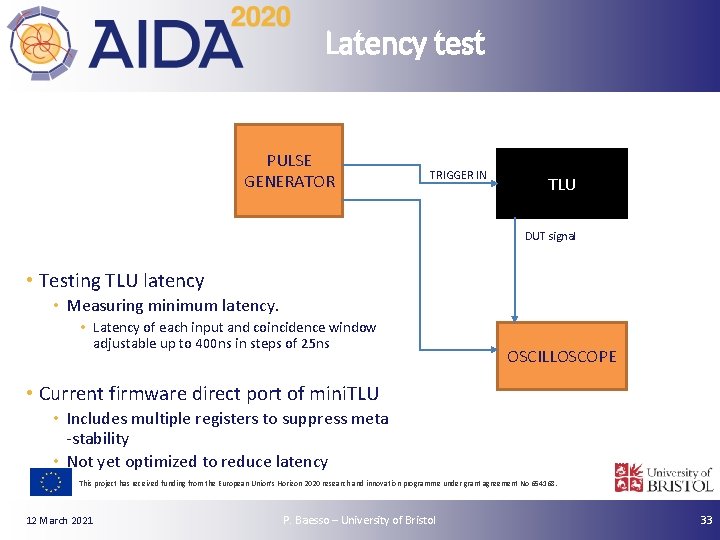 Latency test PULSE GENERATOR TRIGGER IN TLU DUT signal • Testing TLU latency •