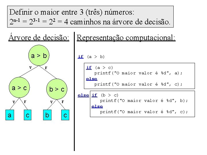 Definir o maior entre 3 (três) números: 2 n-1 = 23 -1 = 22