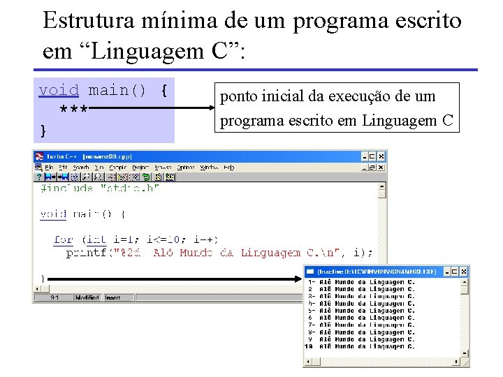 Estrutura mínima de um programa escrito em “Linguagem C”: void main() { *** }