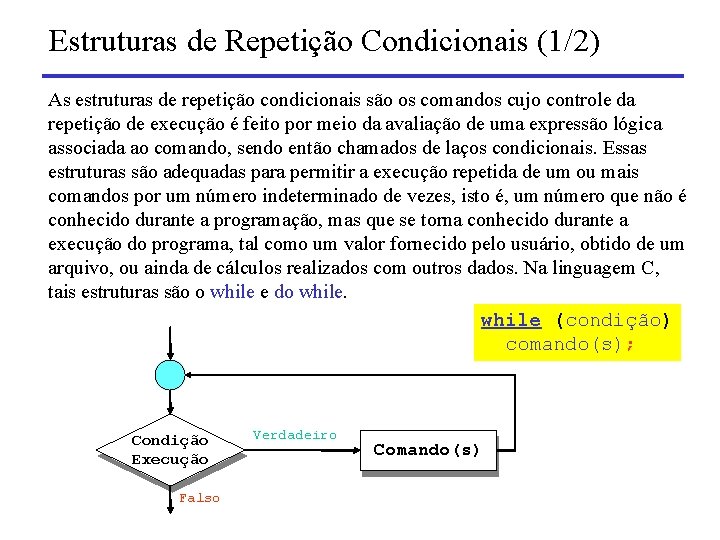 Estruturas de Repetição Condicionais (1/2) As estruturas de repetição condicionais são os comandos cujo