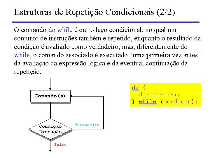 Estruturas de Repetição Condicionais (2/2) O comando do while é outro laço condicional, no