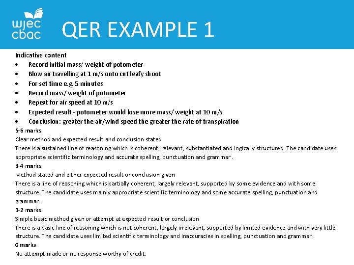 QER EXAMPLE 1 Indicative content Record initial mass/ weight of potometer Blow air travelling