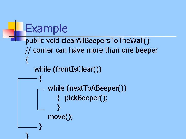 Example public void clear. All. Beepers. To. The. Wall() // corner can have more