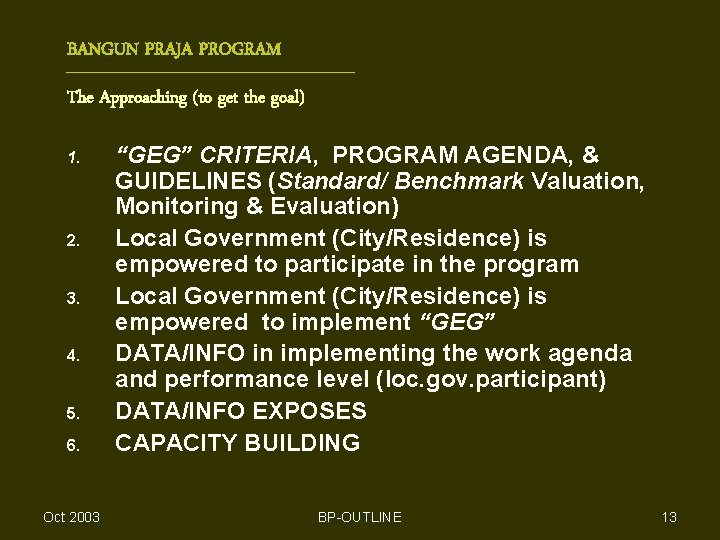 BANGUN PRAJA PROGRAM The Approaching (to get the goal) 1. 2. 3. 4. 5.