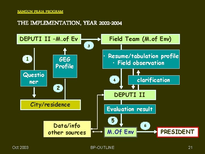BANGUN PRAJA PROGRAM THE IMPLEMENTATION, YEAR 2002 -2004 DEPUTI II –M. of Ev Field