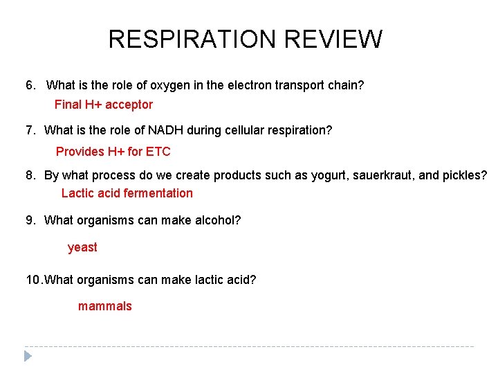 RESPIRATION REVIEW 6. What is the role of oxygen in the electron transport chain?