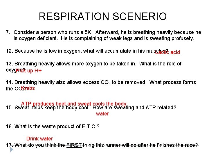 RESPIRATION SCENERIO 7. Consider a person who runs a 5 K. Afterward, he is