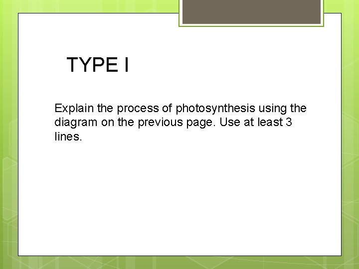 TYPE I Explain the process of photosynthesis using the diagram on the previous page.