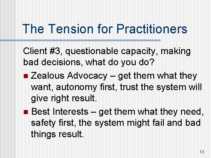 The Tension for Practitioners Client #3, questionable capacity, making bad decisions, what do you