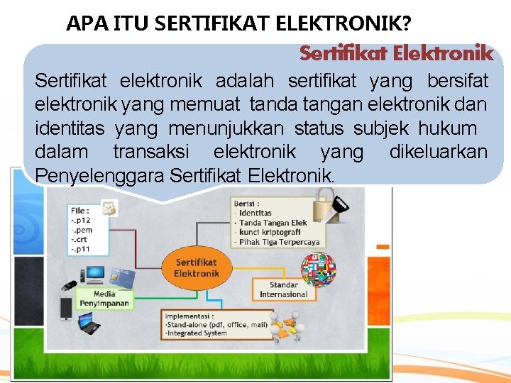 APA ITU SERTIFIKAT ELEKTRONIK? Sertifikat Elektronik Sertifikat elektronik adalah sertifikat yang bersifat elektronik yang