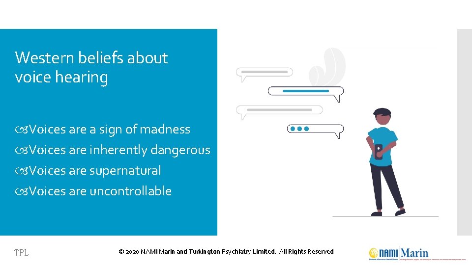Western beliefs about voice hearing Voices are a sign of madness Voices are inherently