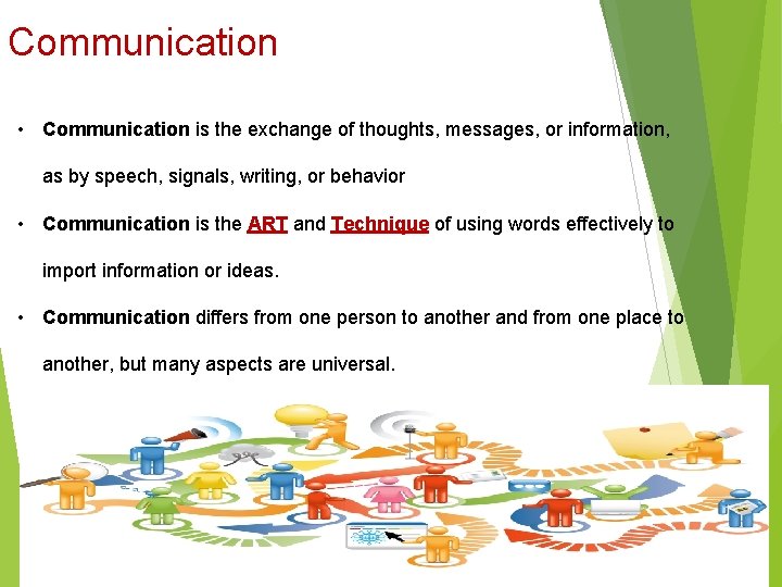 Communication • Communication is the exchange of thoughts, messages, or information, as by speech,