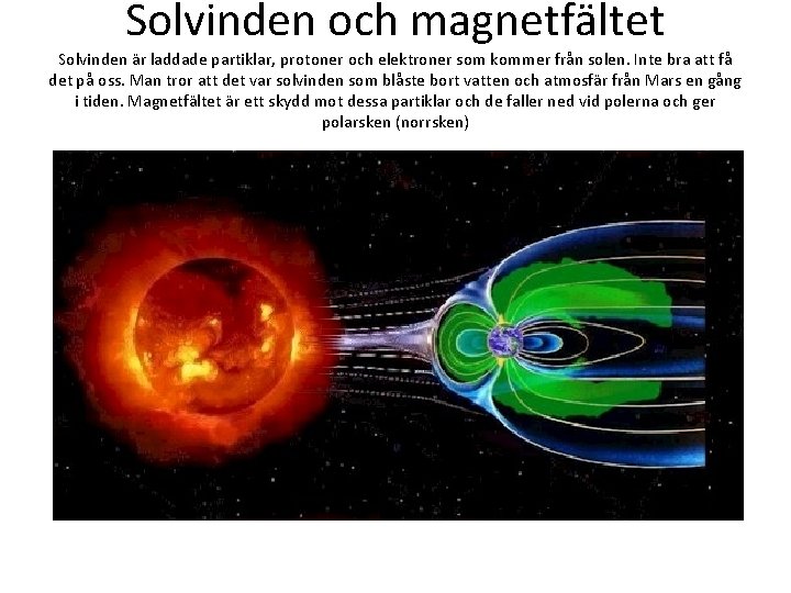 Solvinden och magnetfältet Solvinden är laddade partiklar, protoner och elektroner som kommer från solen.