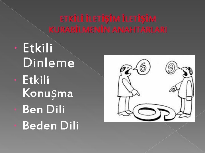 ETKİLİ İLETİŞİM KURABİLMENİN ANAHTARLARI Etkili Dinleme Etkili Konuşma Ben Dili Beden Dili 