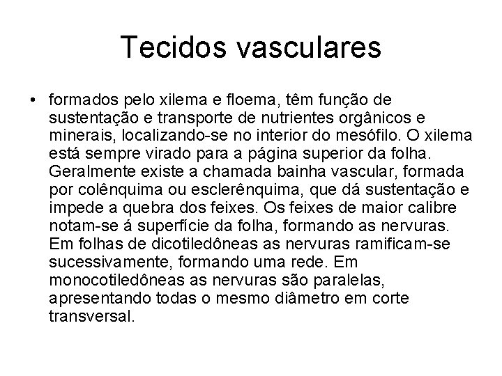Tecidos vasculares • formados pelo xilema e floema, têm função de sustentação e transporte