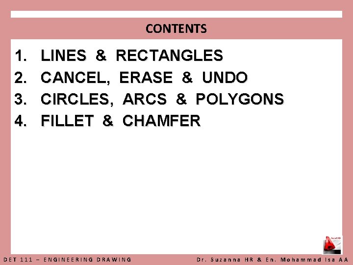 CONTENTS 1. 2. 3. 4. LINES & RECTANGLES CANCEL, ERASE & UNDO CIRCLES, ARCS
