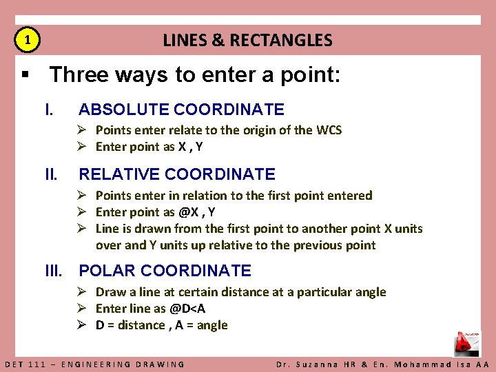 LINES & RECTANGLES 1 § Three ways to enter a point: I. ABSOLUTE COORDINATE