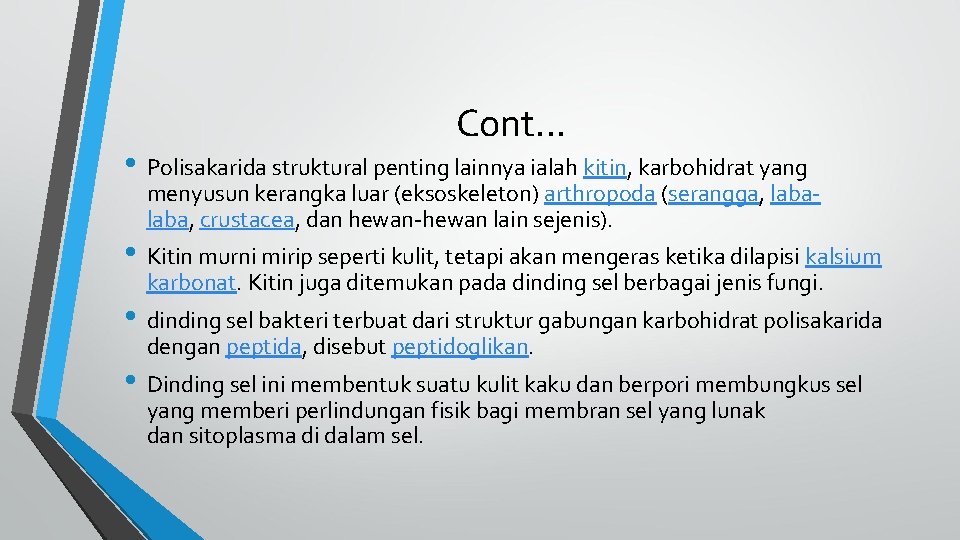 Cont. . . • Polisakarida struktural penting lainnya ialah kitin, karbohidrat yang menyusun kerangka