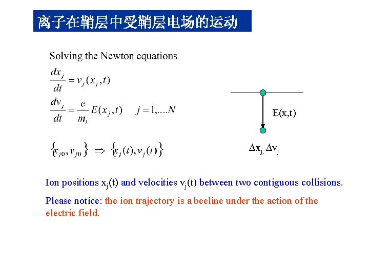 离子在鞘层中受鞘层电场的运动 E(x, t) xj, vj Ion positions xj(t) and velocities vj(t) between two contiguous