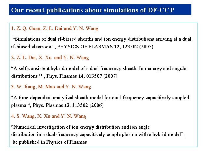 Our recent publications about simulations of DF-CCP 1. Z. Q. Guan, Z. L. Dai