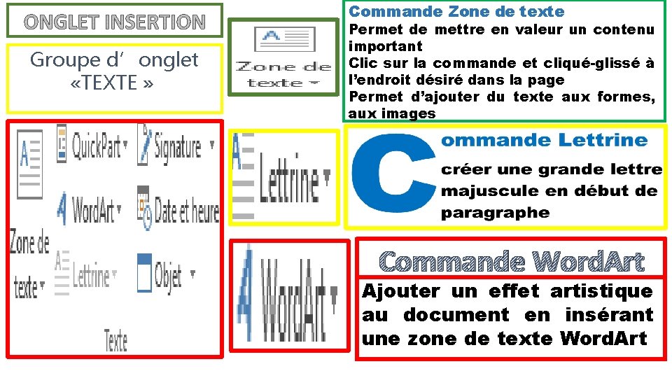 Commande Zone de texte Groupe d’onglet «TEXTE » Permet de mettre en valeur un