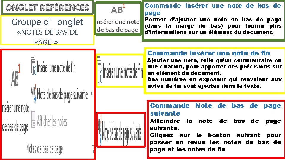 Commande Insérer unematières note de bas de Commande Table des Groupe d’onglet «NOTES DE