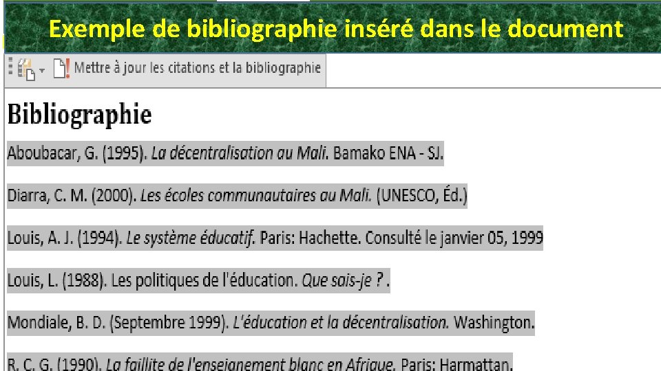 Commande Insérer une citation Créditer une source d’information en citant le Exemple de bibliographie