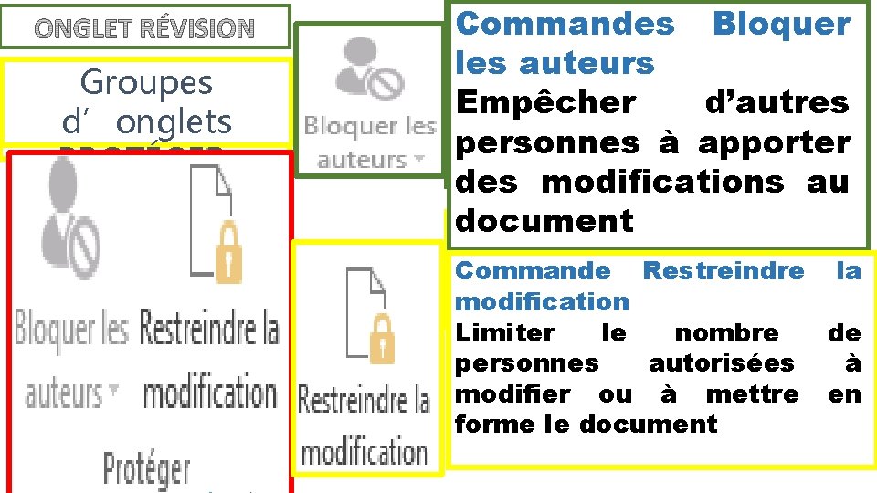 Groupes d’onglets Groupes «MODIFICATIONS » d’onglets « COMPARER » «PROTÉGER» Commandes Bloquer les auteurs