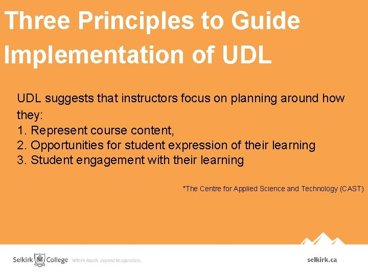 Three Principles to Guide Implementation of UDL suggests that instructors focus on planning around Three Principles to Guide Implementation of UDL suggests that instructors focus on planning around