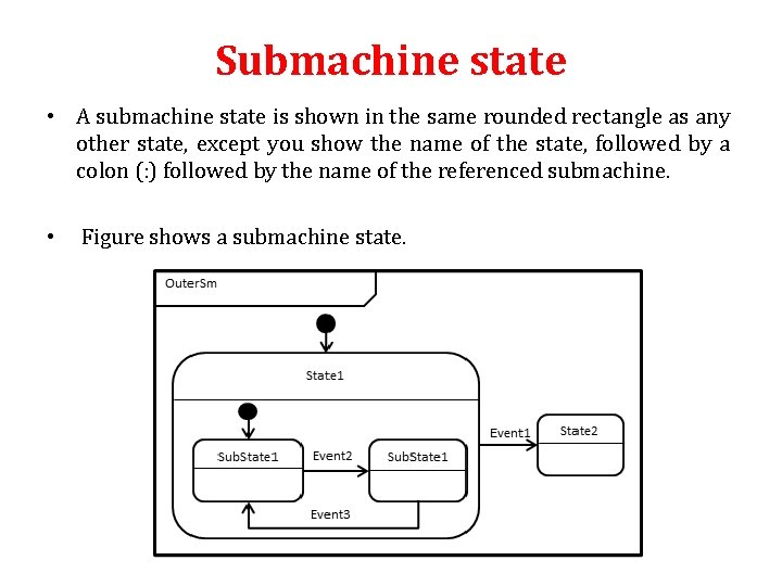 Submachine state • A submachine state is shown in the same rounded rectangle as Submachine state • A submachine state is shown in the same rounded rectangle as