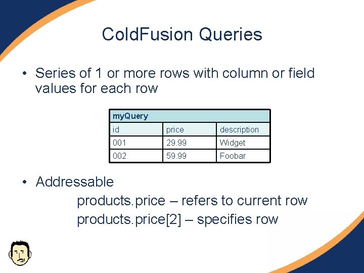 Cold. Fusion Queries • Series of 1 or more rows with column or field