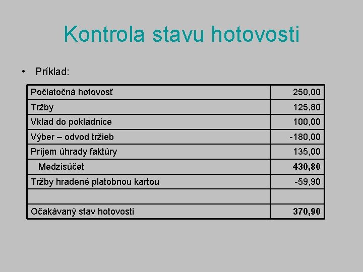 Kontrola stavu hotovosti • Príklad: Počiatočná hotovosť 250, 00 Tržby 125, 80 Vklad do