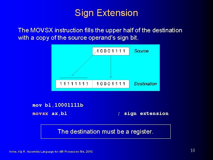 Sign Extension The MOVSX instruction fills the upper half of the destination with a